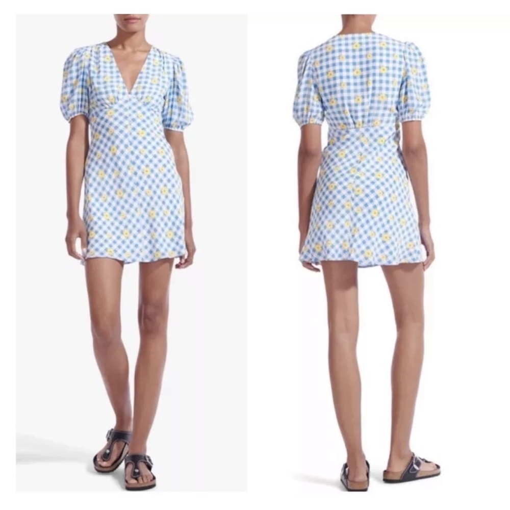 STAUD Blue and Yellow Gingham Mini Dress